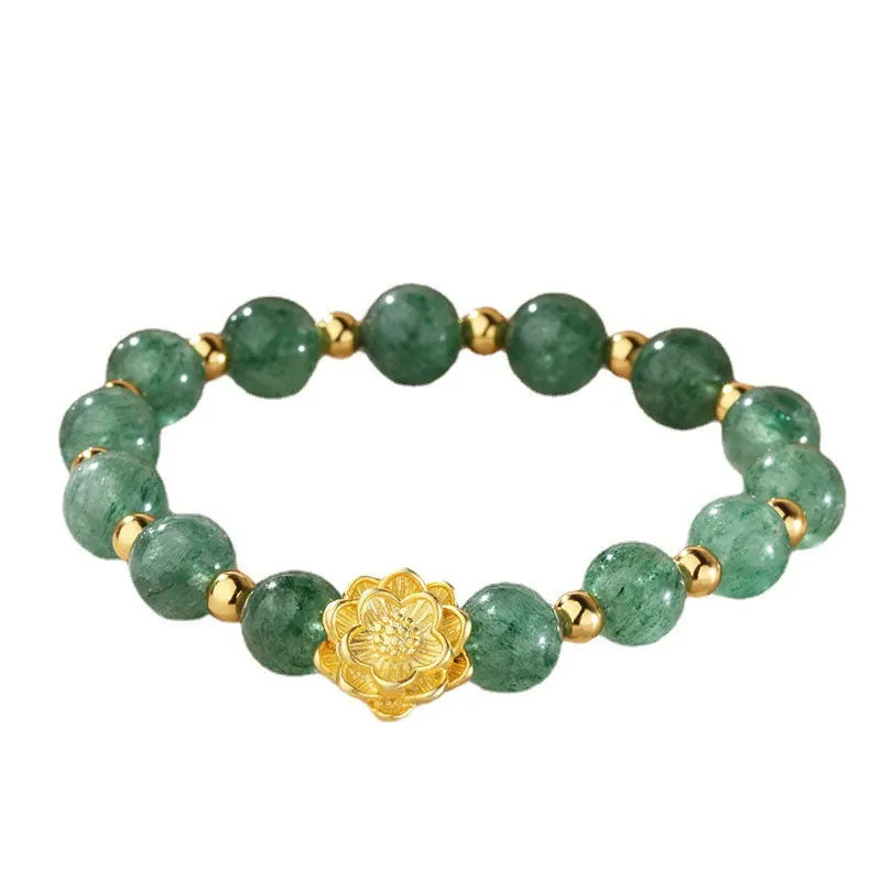 Lotus 925 Sterling Silver Green Strawberry Quartz Soothing Bracelet