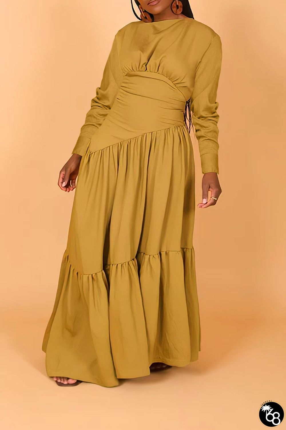 Casual Solid Patchwork Fold O Neck Long Dress Dresses | 168DEAL