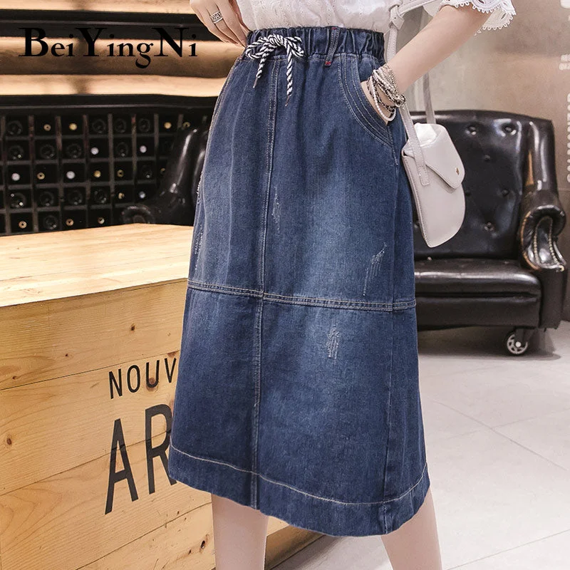 Beiyingni Vintage Denim Skirt Drawstring High Elastic Waist Pockets Streetwear Midi Jeans Skirts Women Oversized Split Bottoms
