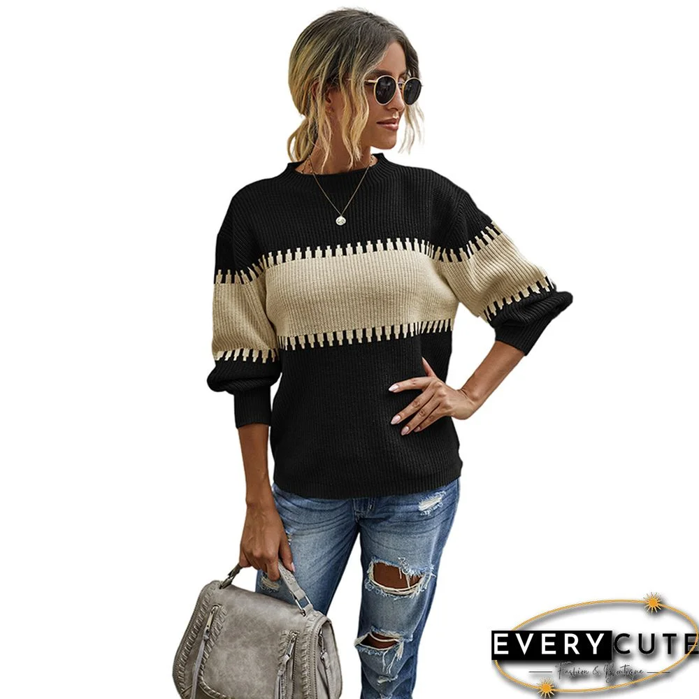 Black Color Block High Neck Woolen Sweater