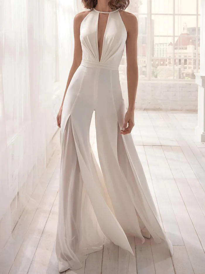 Fashion elegant deep V halter jumpsuit