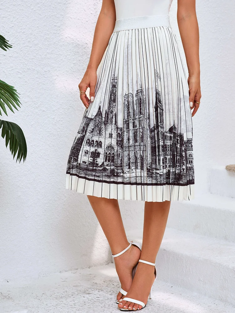 Women's Elegant High Waist A-Line Pleated Skirt - Black & White Geometric Cityscape Print, Knee-Length Lightweight Machine-Washable Skirt For Spring & Summer Casual To Formal Wear, Versatile Fashion, Flowy Fabric