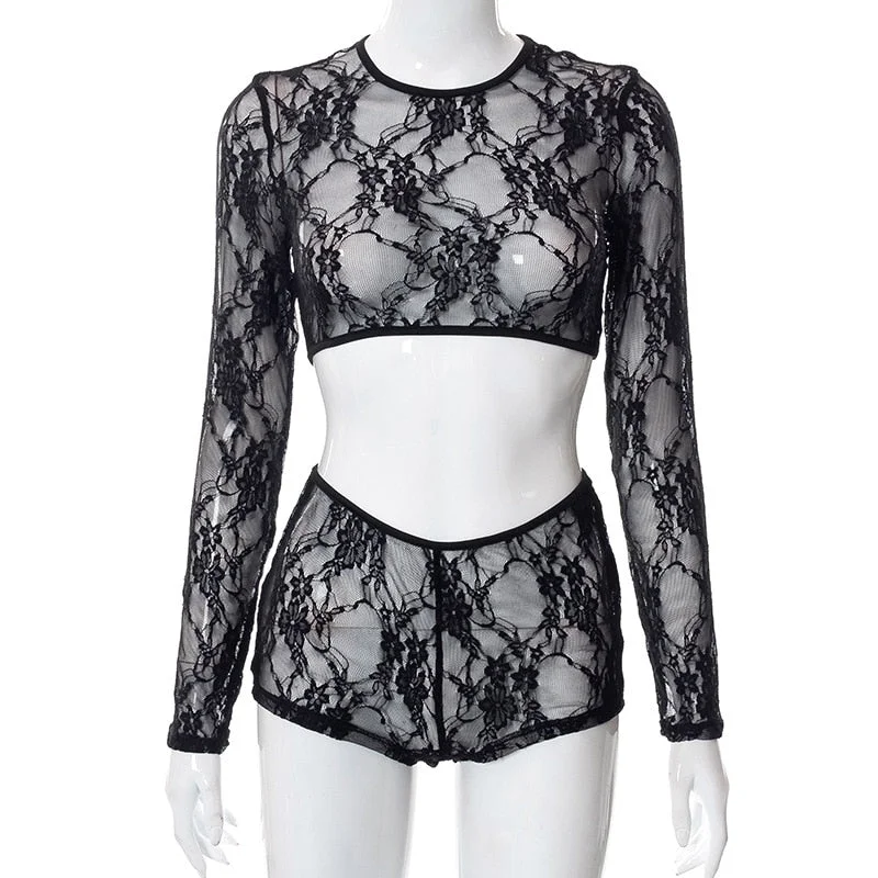 2022 Fashion Patchwork Lace Women Streetwear Suit Long Sleeve Crop Top Biker Short Set Sexy Mesh See Through 2 Piece Set Outfits