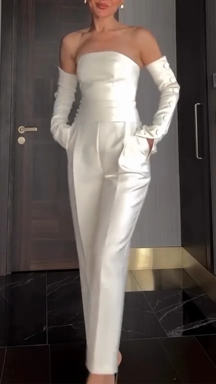 Women's Satin Tube Top + Trousers + Gloves Three-piece Suit