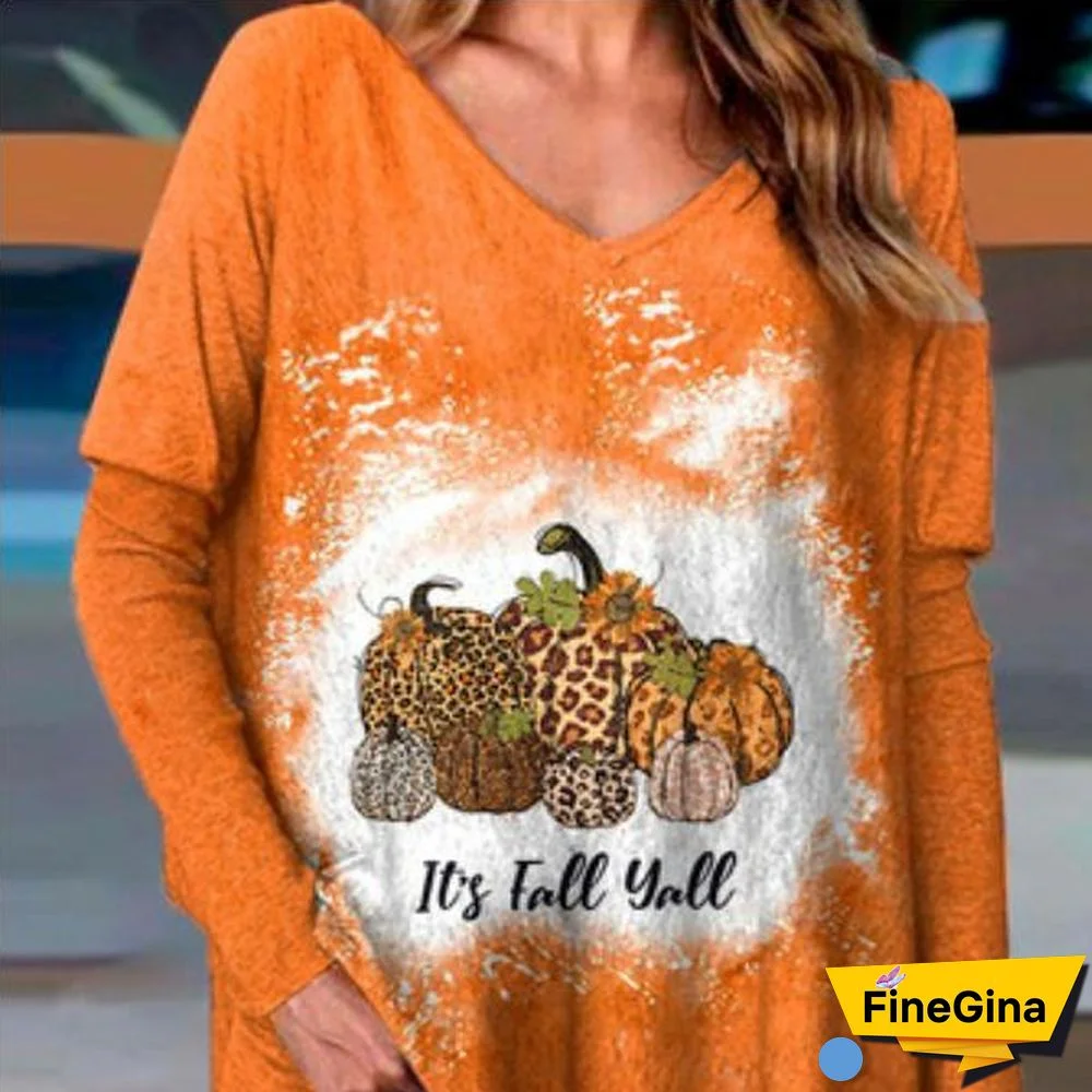 Its Fall Yall Pumpkin Print Long Sleeve Loose Tee