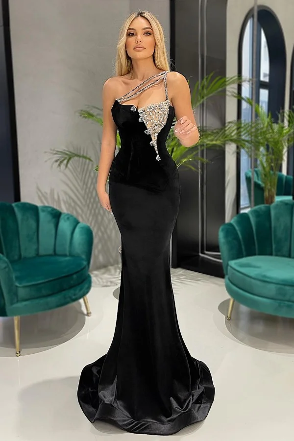 Black One-Shoulder Long Mermaid Prom Dress With Rhinestones  | Ballbellas Ballbellas