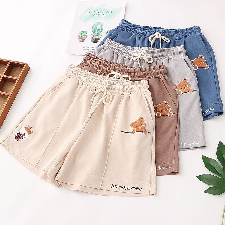 Bear Embroidery Pocket Drawstring Shorts - Modakawa