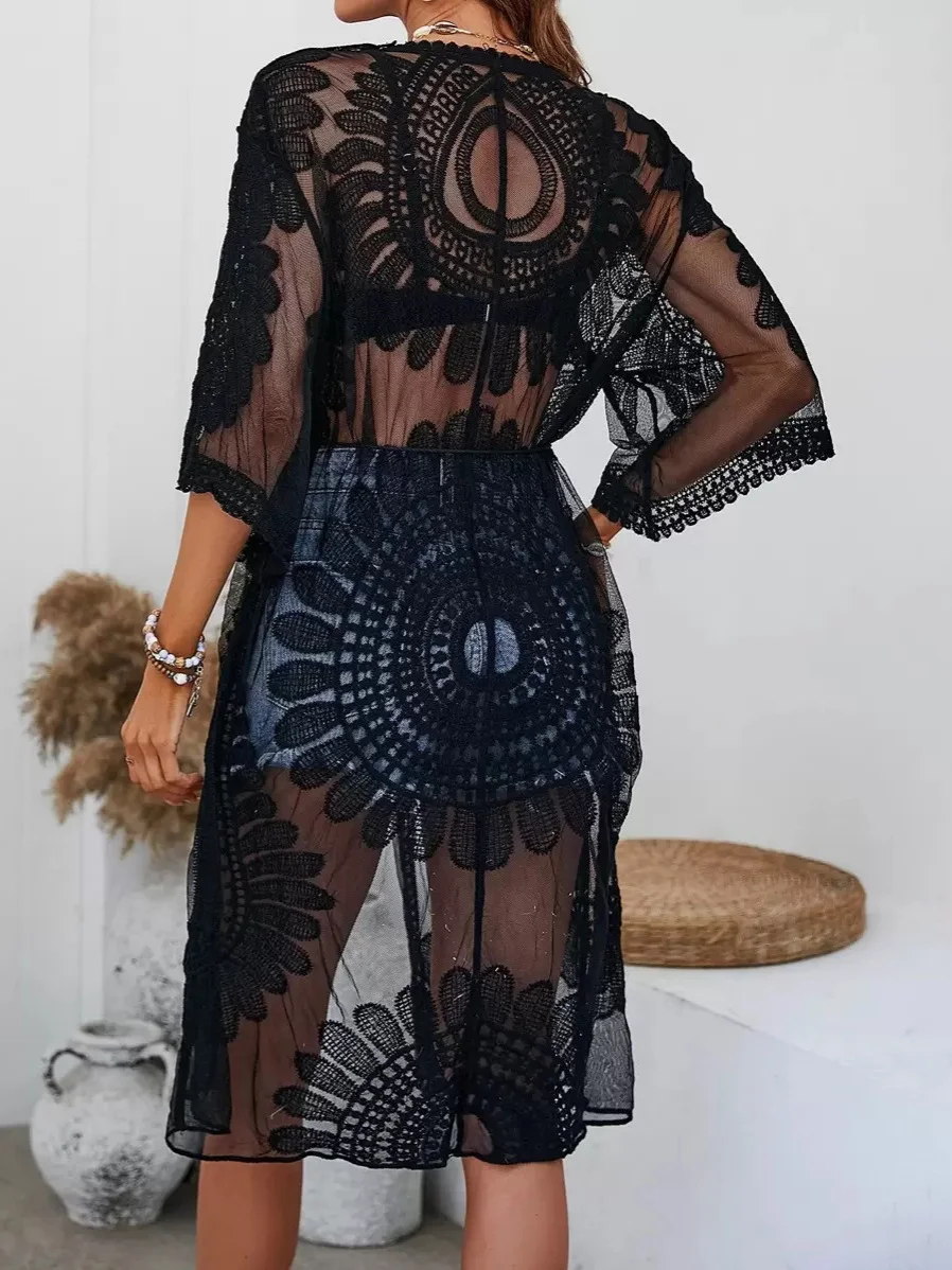 Athvotar Athvotar Summer New High-End French Resort Style Design Embroidery Loose V-Neck Solid Color Niche Sunscreen Shirt Woman