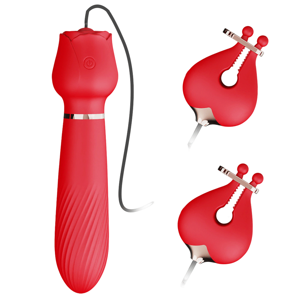 hot red breast clips with massage stick, the rose sexual toy