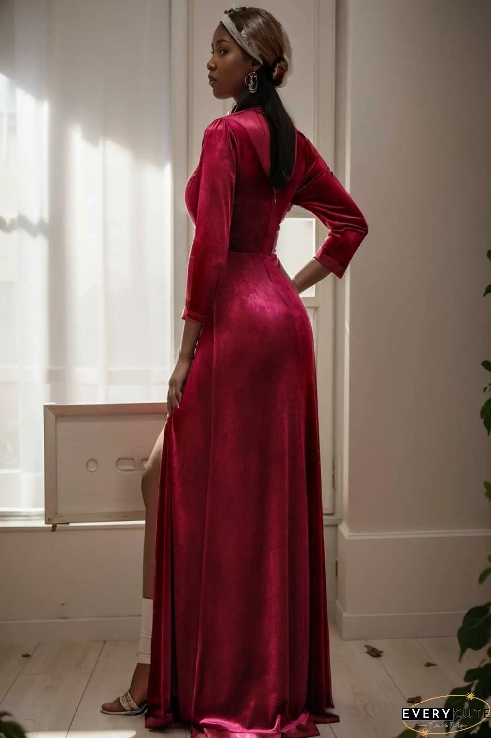 velvet 3 4 length sleeve illusion v neck front slit evening dress