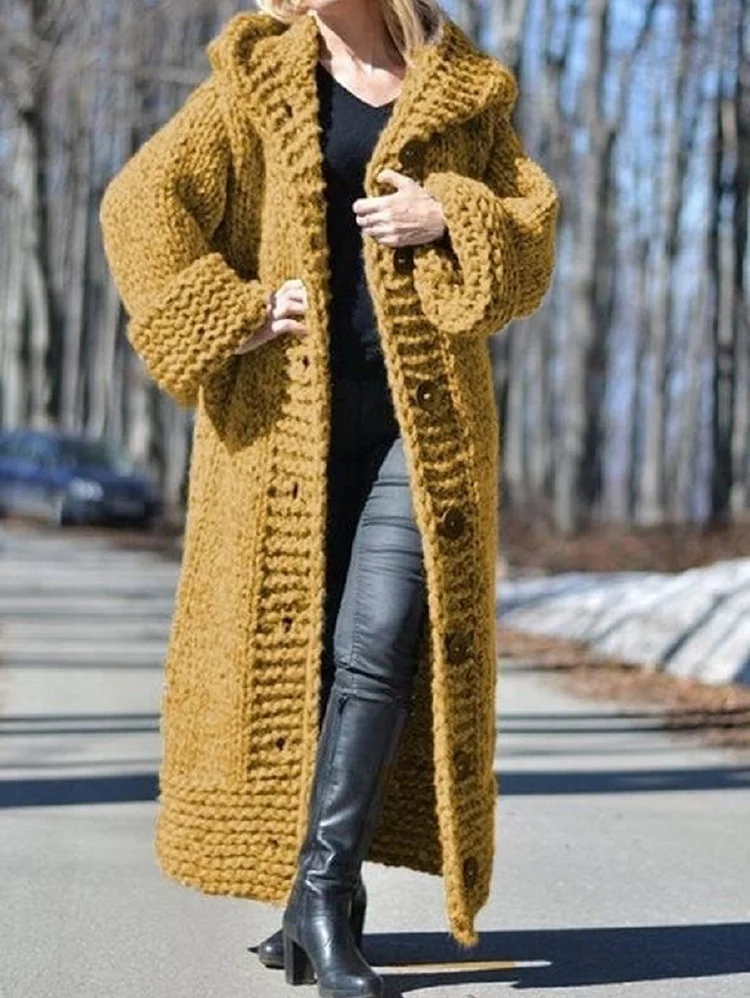 Casual Crochet Single Breasted Ankle Length Hooded Knitted Coat