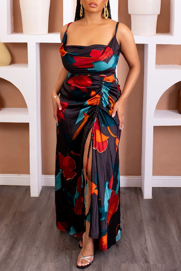 Plus Size Vacation Sundress Black Floral Cowl Neck Ruched Split Maxi Dresses [Pre-Order] 2024 - Xpluswear