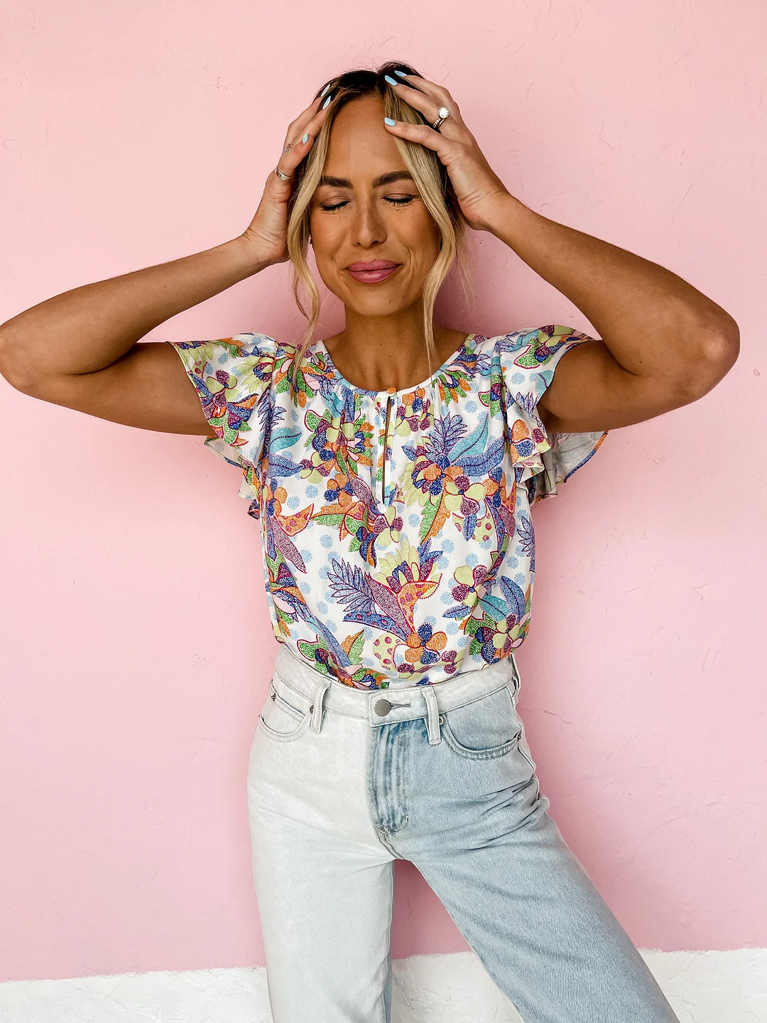 Easy Does It Printed Flutter Sleeve Top