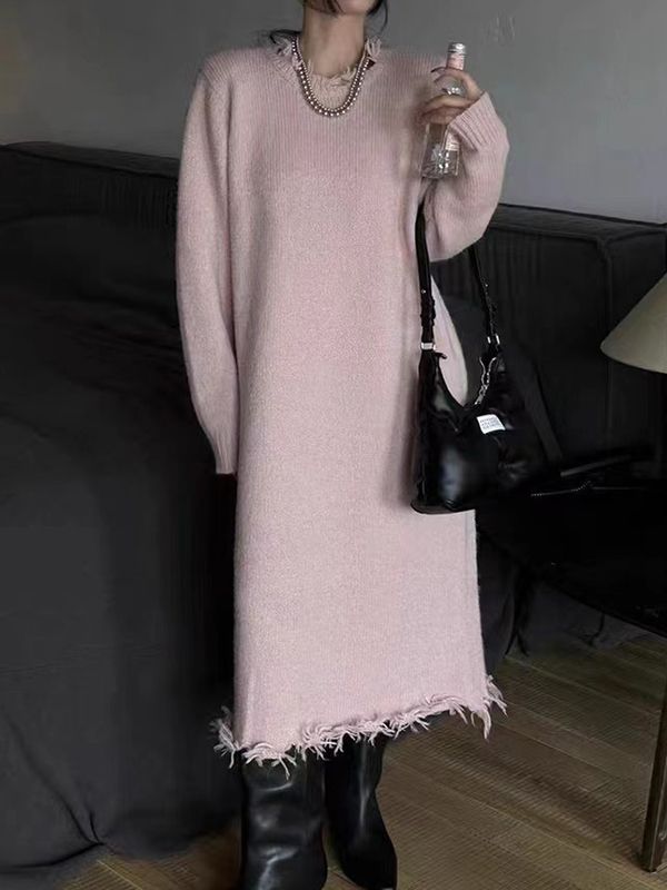 High Waisted Long Sleeves Fringed Solid Color Round-Neck Midi Dresses Sweater Dresses