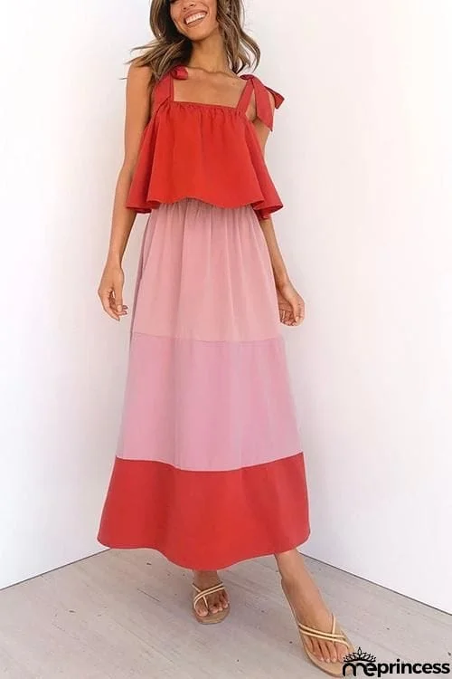 Color Block Bow Slip Maxi Dress