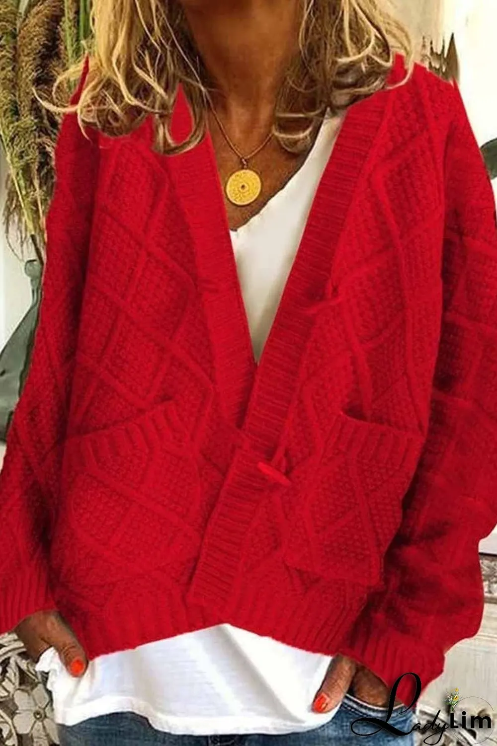 Solid Ribbed Horn Buckle Pockets Cardigan