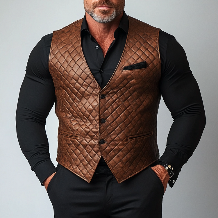 Mens Business Single Breasted Chest Pocket Quilted PU Leather Ves-inspireuse