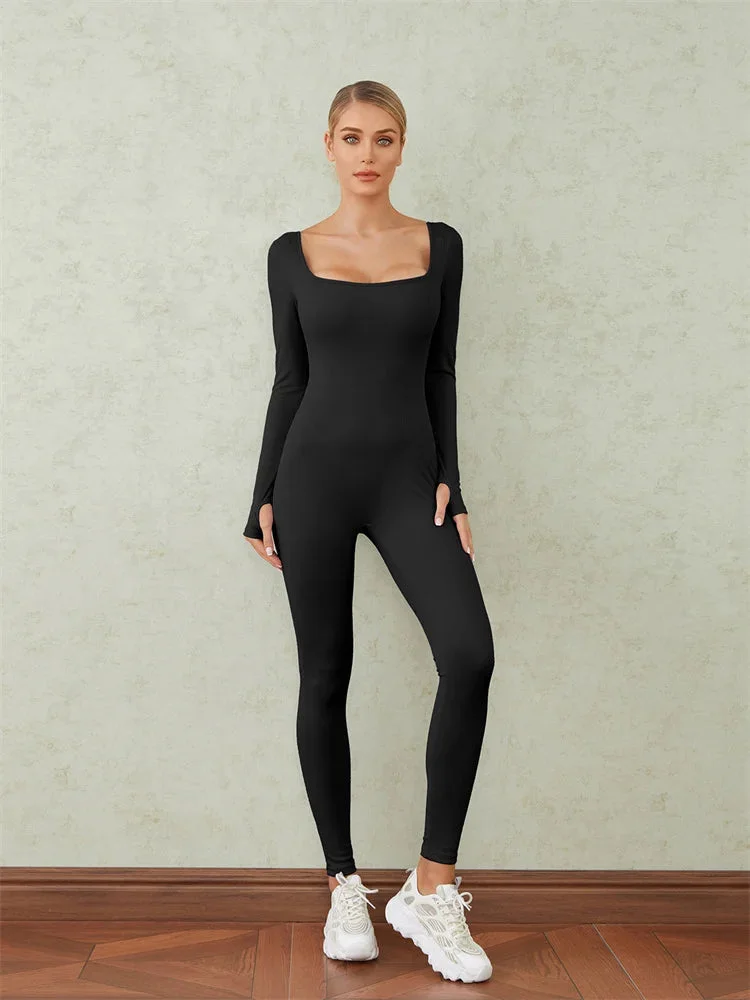 Nncharge Autumn Jumpsuits Women Solid Color Ribbed Long Sleeve U Neck Bodycon Romper Jumpsuits Vintage Sexy Fitness Club Wear
