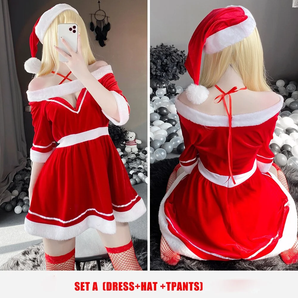 Billionm OJBK Women Christmas Cosplay Costume Sexy Lingeries Winter Red Dress Hollow Open Chest Outfits Lady Santa With Hat Maid Uniform