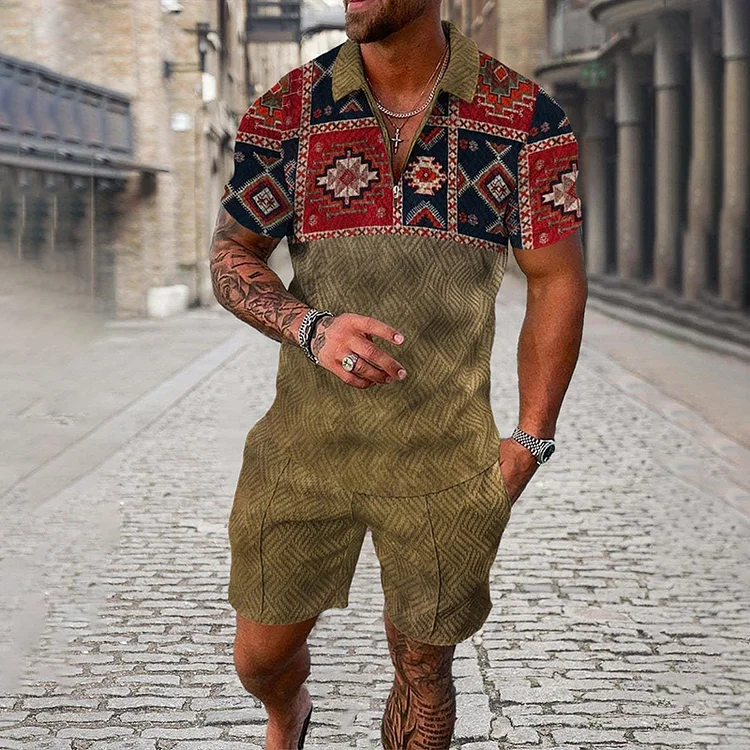 Broswear Men's Folk-Custom Stitching Short Sleeve Polo Shirt And Shorts Co-Ord