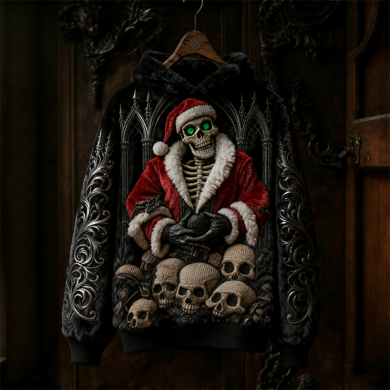 Gothic Dark Christmas Skeleton Santa Claus Skulls Cozy Plush Hoodie elevenforest