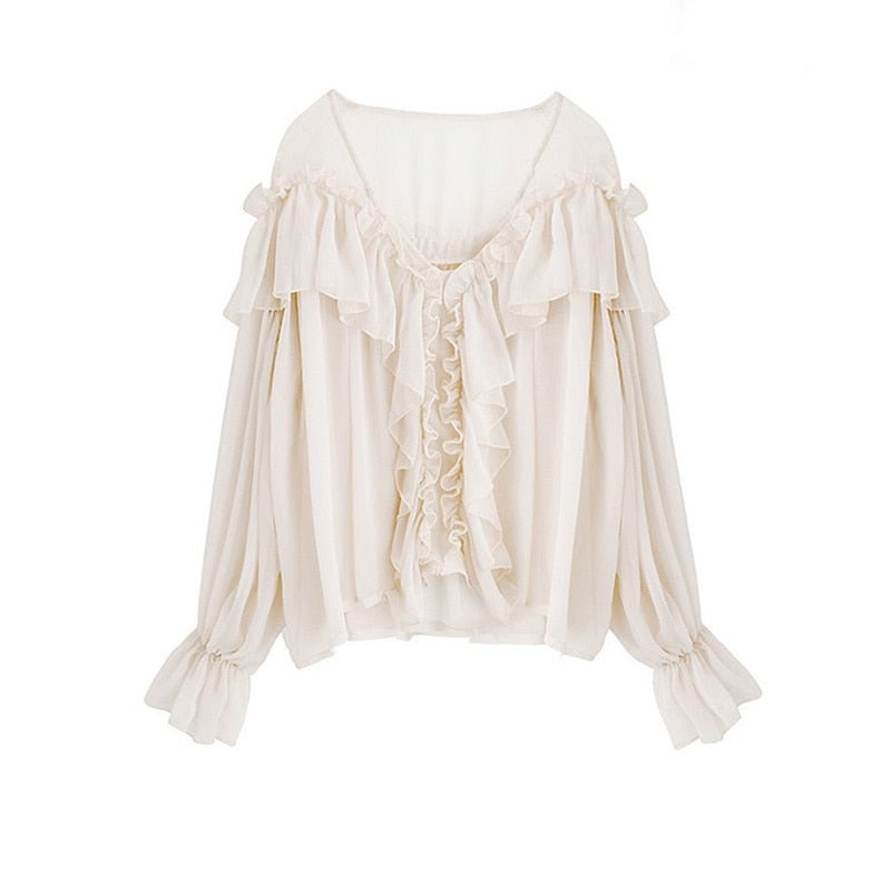 V-neck Sexy Shirts Women See Through Boho Mesh Blouse Summer Ruffle Flare Sleeve Elegant Peplum Tops Ruffles Ladies Blusas 13459