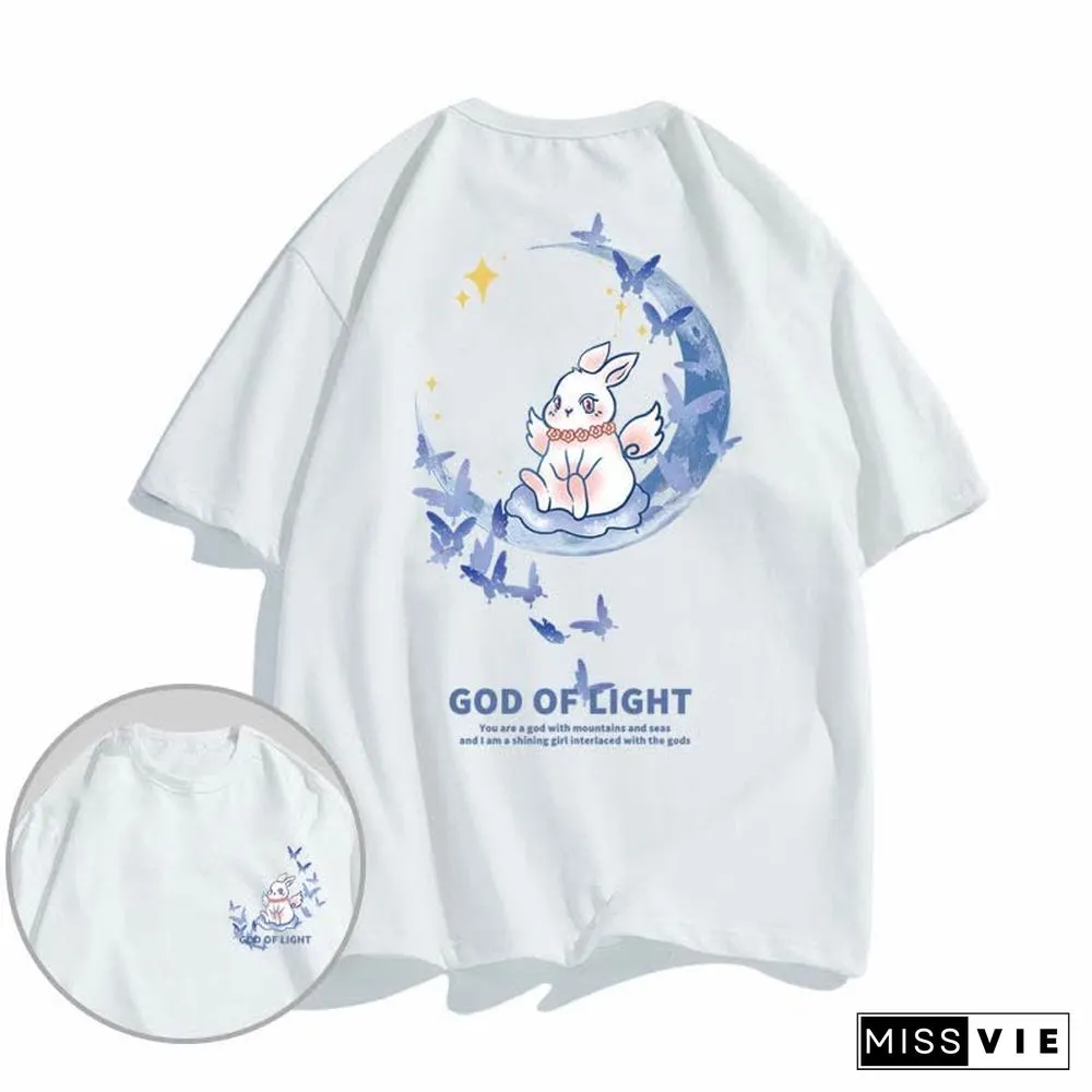 Cartoon Sakura Bunny Letter Print Round Collar T-Shirt