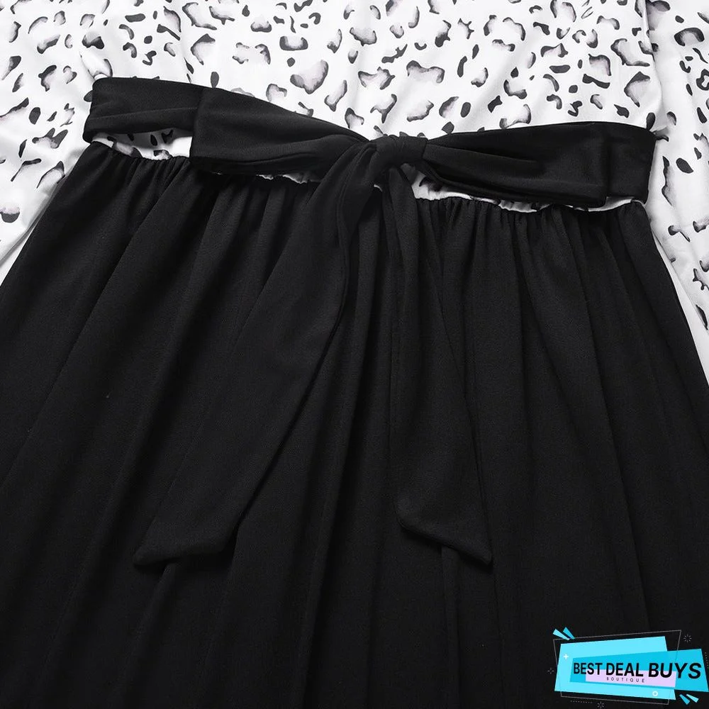 Leopard Stitched Long Sleeve Dress New Knitted Skirt In Autumn and Winter Black Dresses