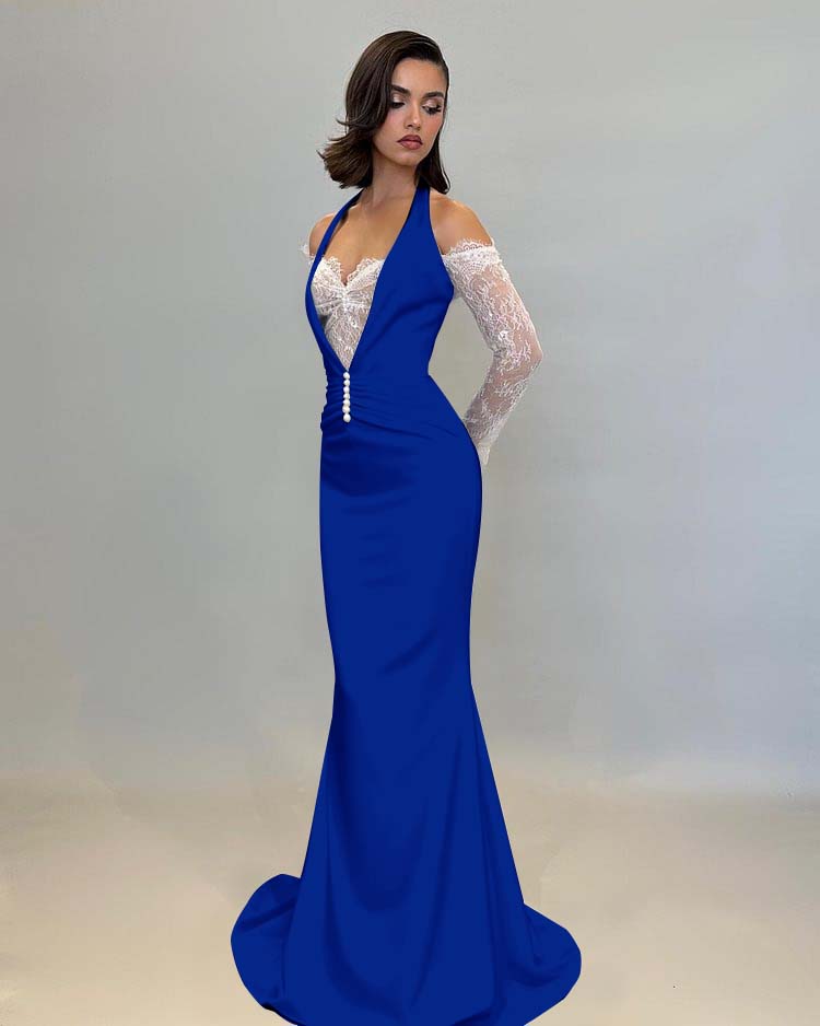 Daisda Black Halter Mermaid Evening Dress with Gloves