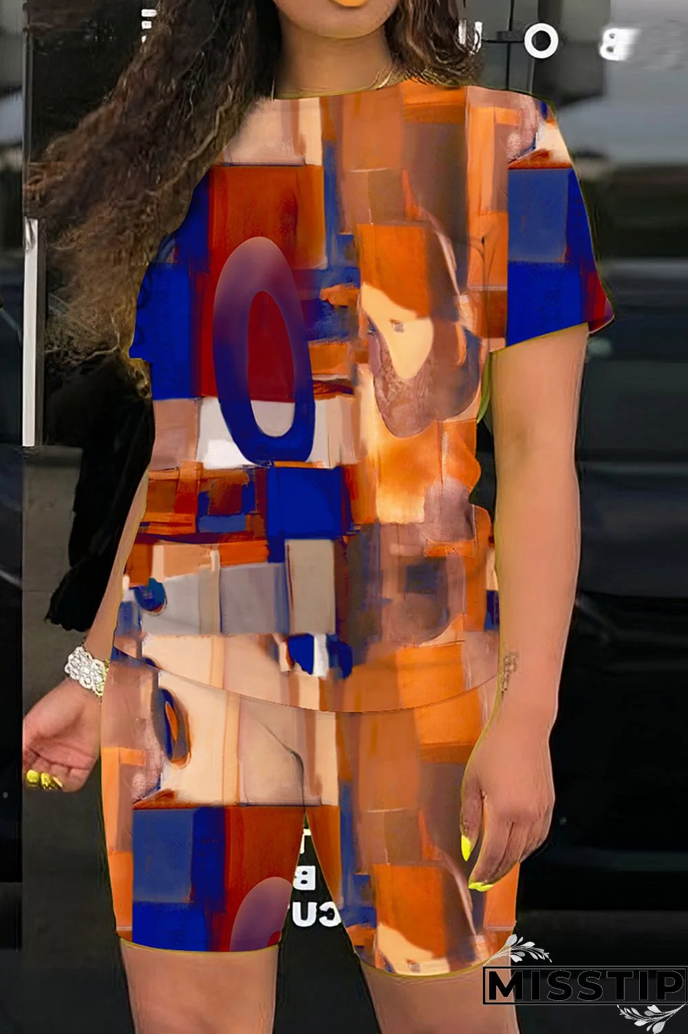 Multicolor Casual Print Basic O Neck Short Sleeve Two Pieces