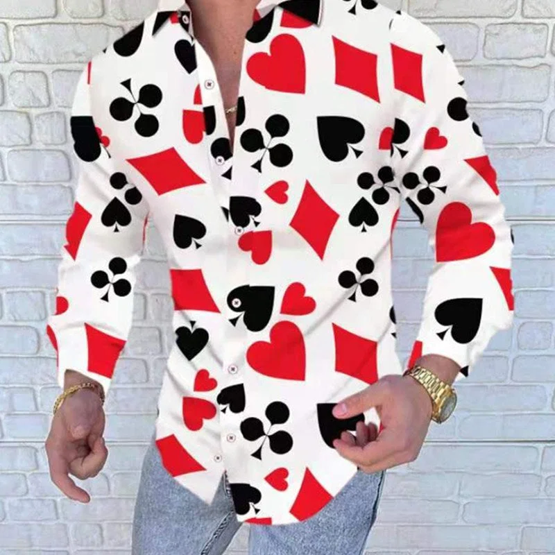 Casual Shirt Men Slim Fit Print Party Club Shirt Luxury Playing card printed shirt  2021 Autumn Men Shirt Long Sleeve Patchwork