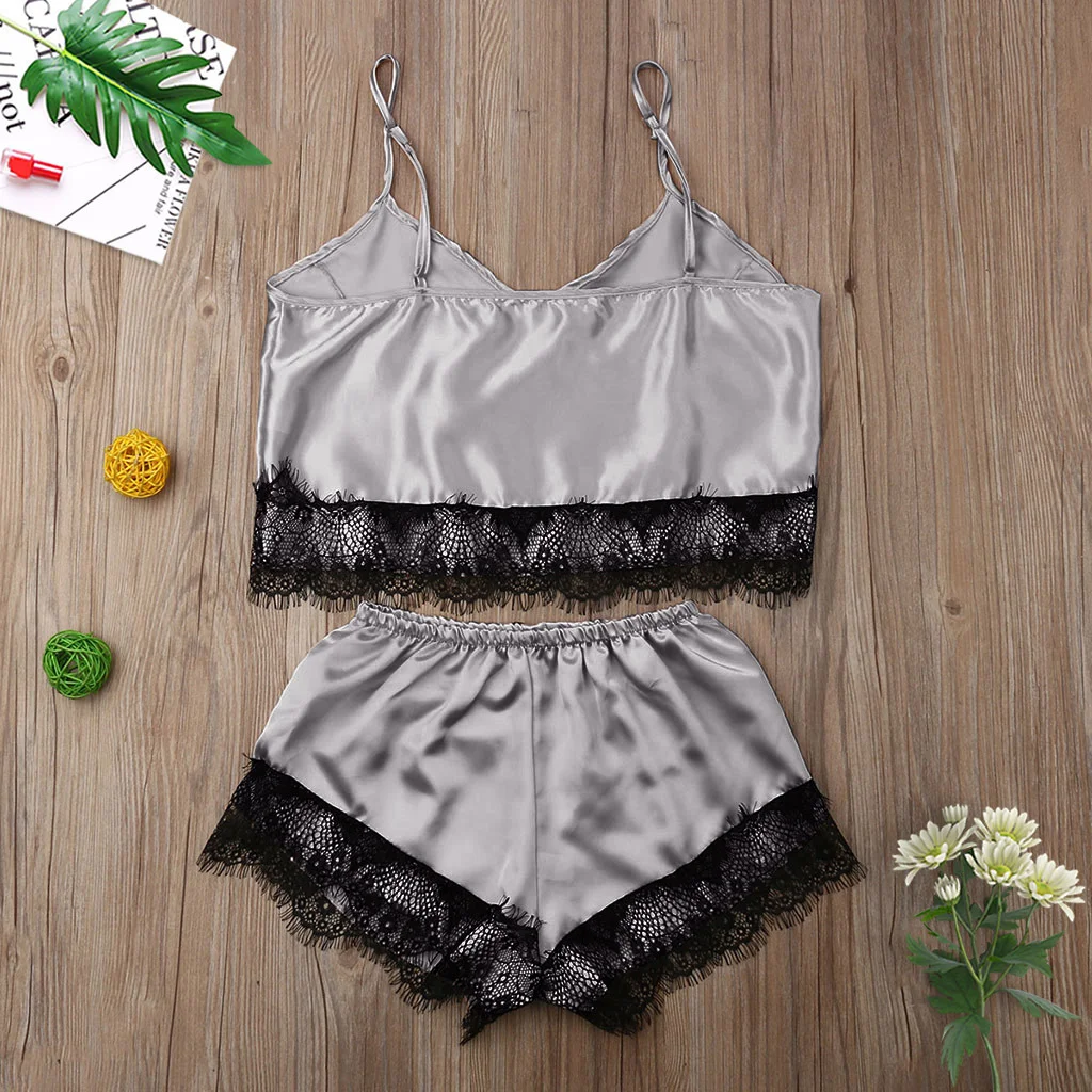 Churchf 2020 New Simulation Lace Trim Split Pajamas Set Sex Lace Set