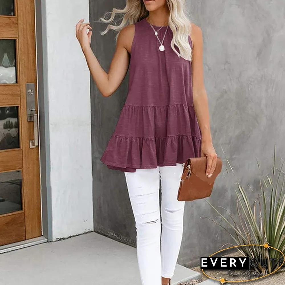 Women Fashion Spring Summer Sleeveless Loose Solid Color Splicing T-shirt topss