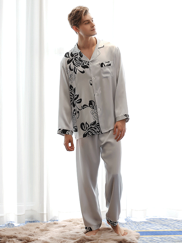 Oriental Chrysanthemum Printed Men's Silk Pajamas