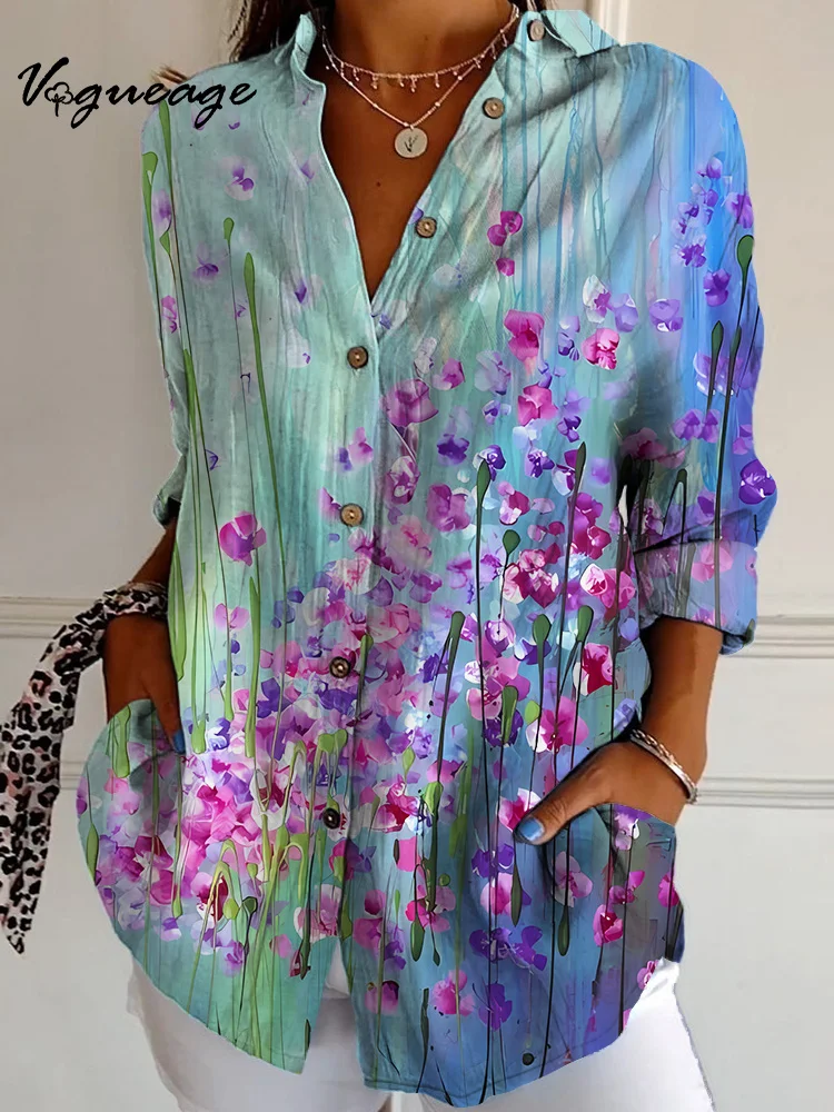 Women's Oil Painting Style Realistic Purple Flowers Small Florals Long Sleeves Printed Cotton And Linen Shirt