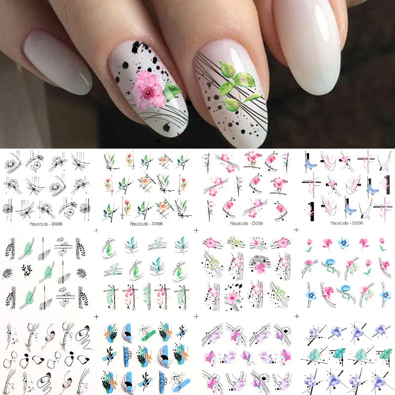Harunouta 12Pcs/Set Love Letter Flower Sliders Water Decals Electrocardiogram Love Heart Lips Stickers For Nails Decoration