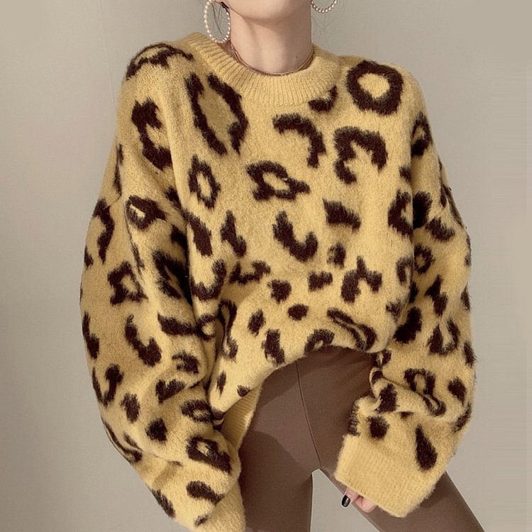 Chic Round Collar Leopard Print Sweater - Modakawa Modakawa