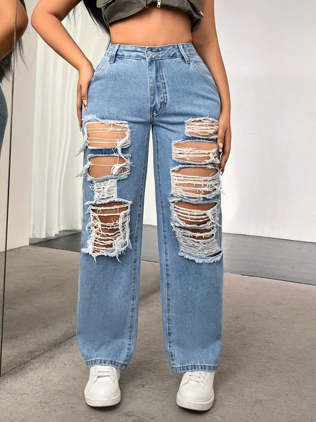Women's Straight Ripped Denim Jeans