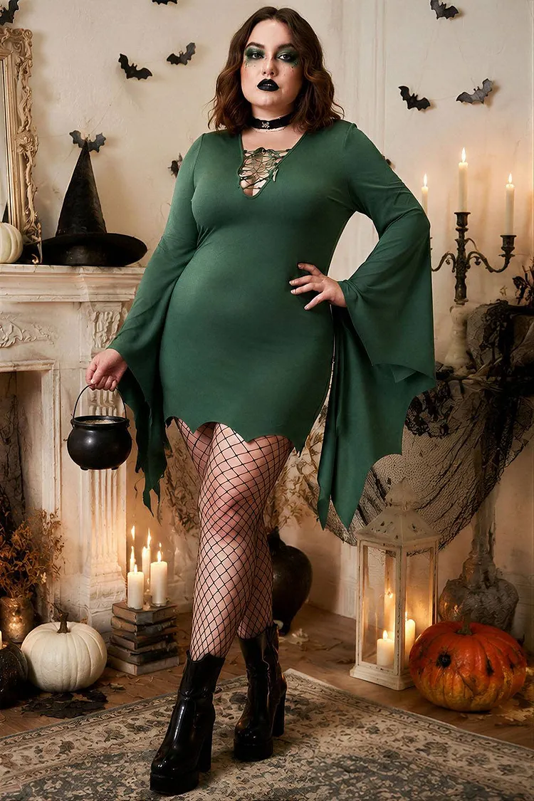 Xpluswear Design Plus Size Halloween Costume Green Bats Lace Up Trumpet Sleeve Mini Dress（Ships 24h） 2024 - Xpluswear
