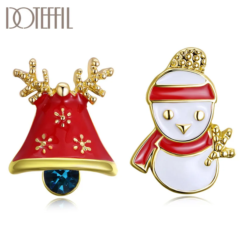 DOTEFFIL 925 Sterling Silver/18K Gold/Rose Gold Christmas Snowman Bell Earrings Women Jewelry 