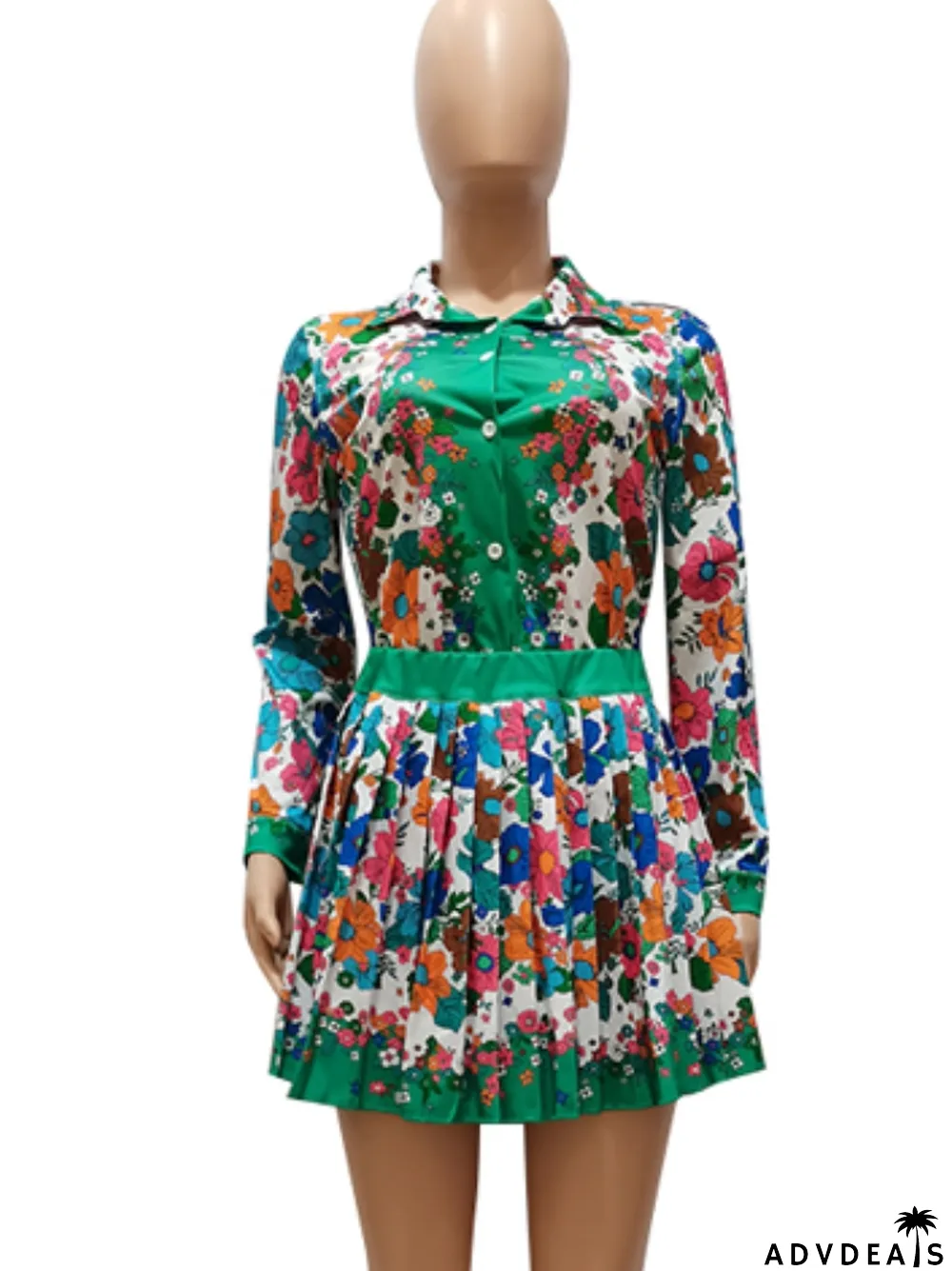 Autumn Print Retro Long Sleeve Blouse and Pleated Skirt Set