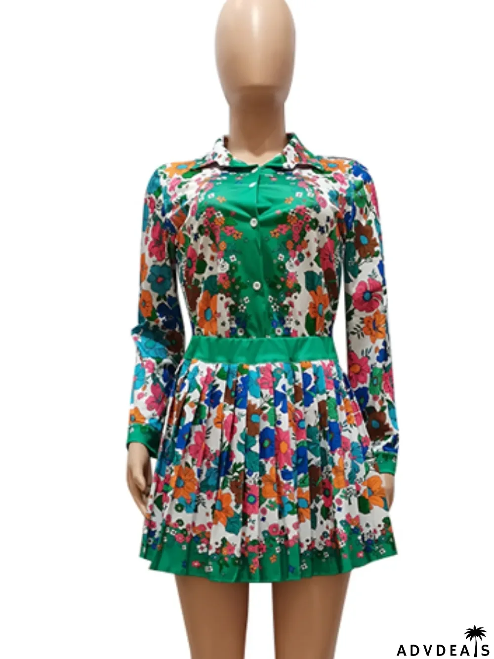 Autumn Print Retro Long Sleeve Blouse and Pleated Skirt Set