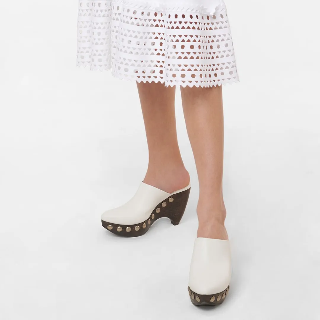Pointed Toe Platform Chunky High Heel Studded White Mules Shoes