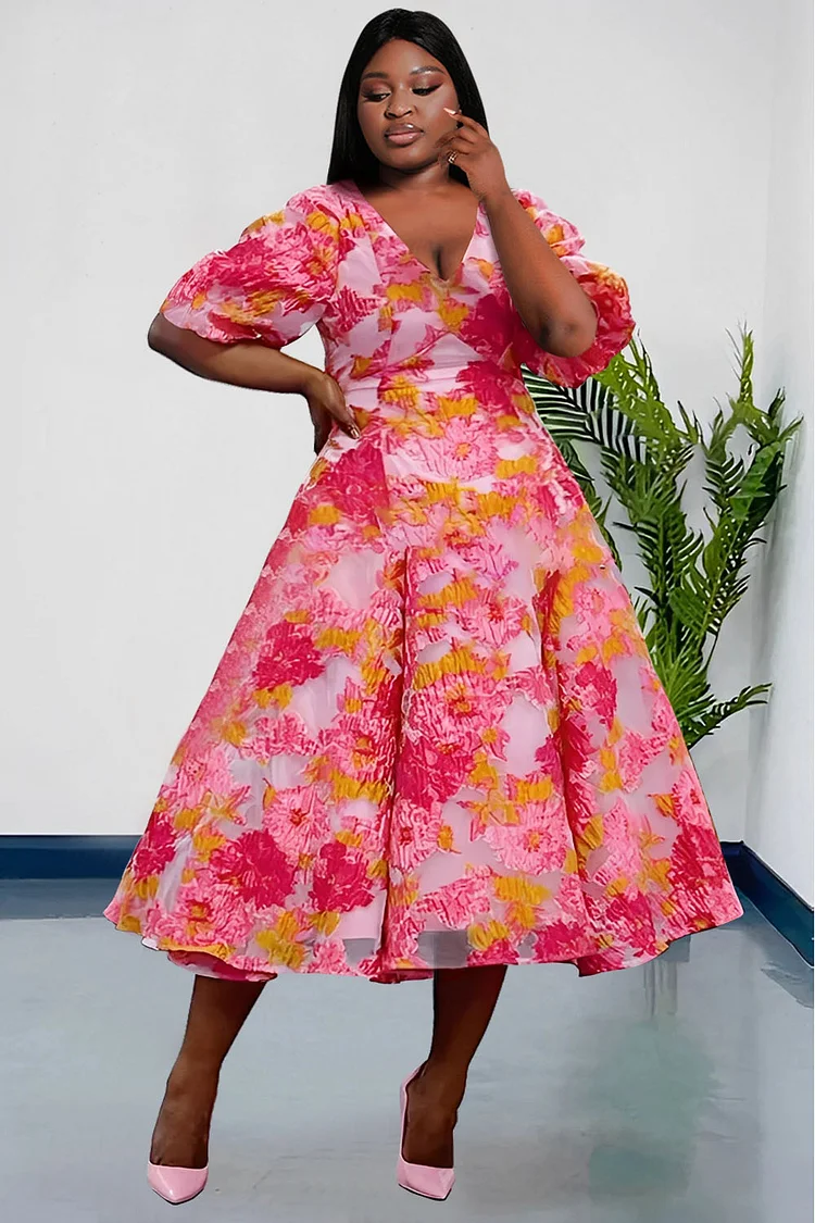 Xpluswear Design Plus Size Semi Formal Pink V Neck Lantern Sleeve Short Sleeve Midi Dresses [Pre-Order]