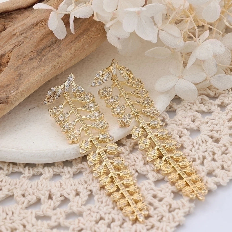 1 Pair Cute Leaves Inlay Copper Zircon Rose Gold Plated Drop Earrings