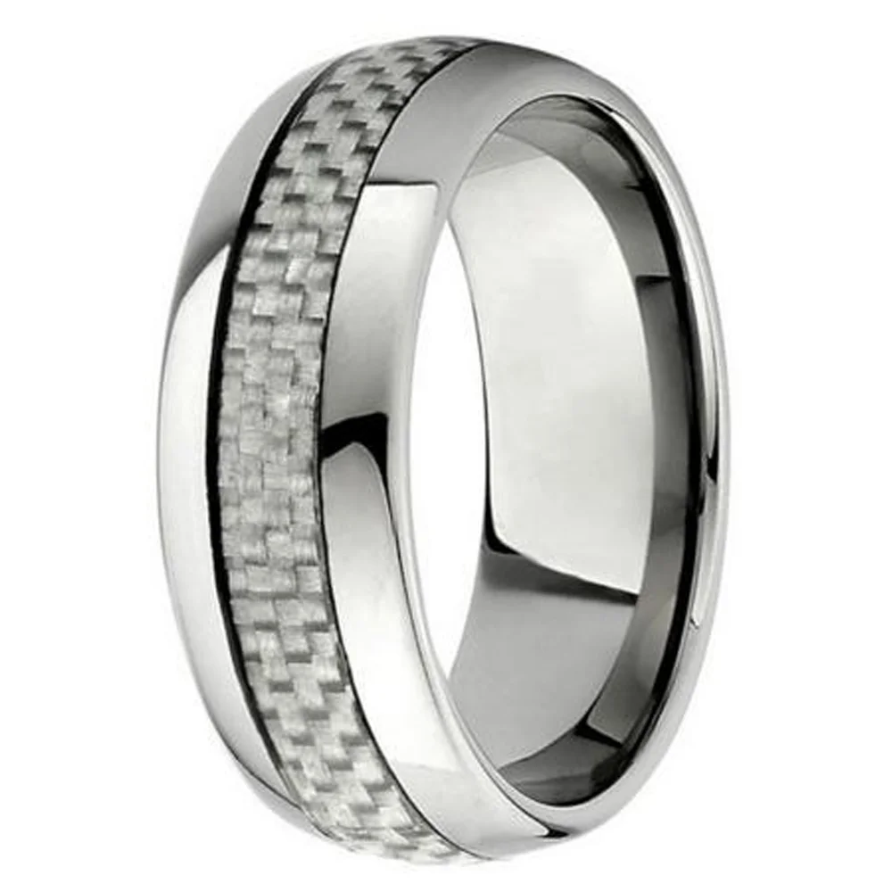 8MM Couple Tungsten Rings Inlaid Silver Carbon Fiber Wedding Band