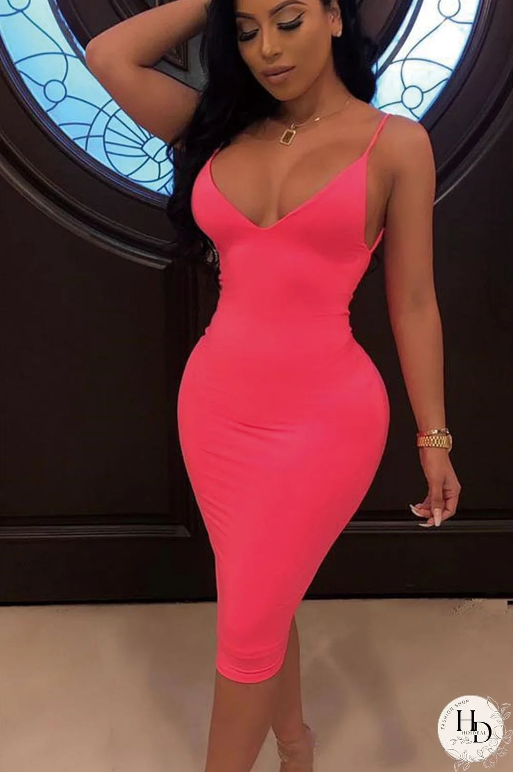 rose red Polyester Sexy Fashion Spaghetti Strap Sleeveless Slip Step Skirt Knee-Length Draped Patchwork Fluor