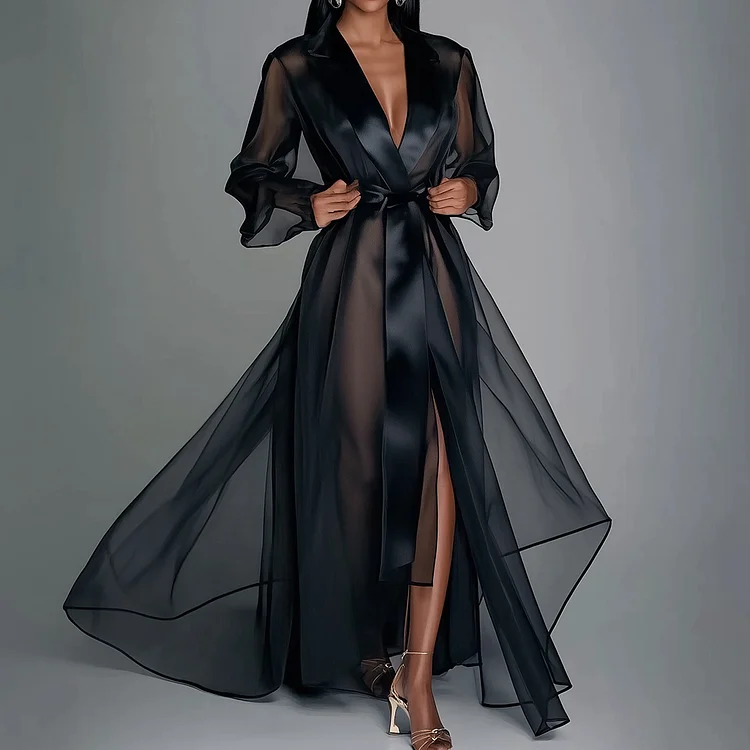 Ursime Organza See-Through Long Sleeve Lace Up Robe Maxi Dress
