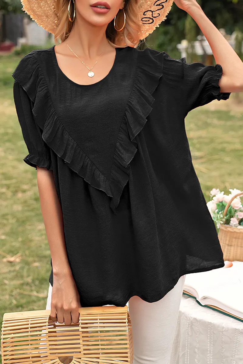 Elegant Solid Split Joint Flounce O Neck T-Shirts