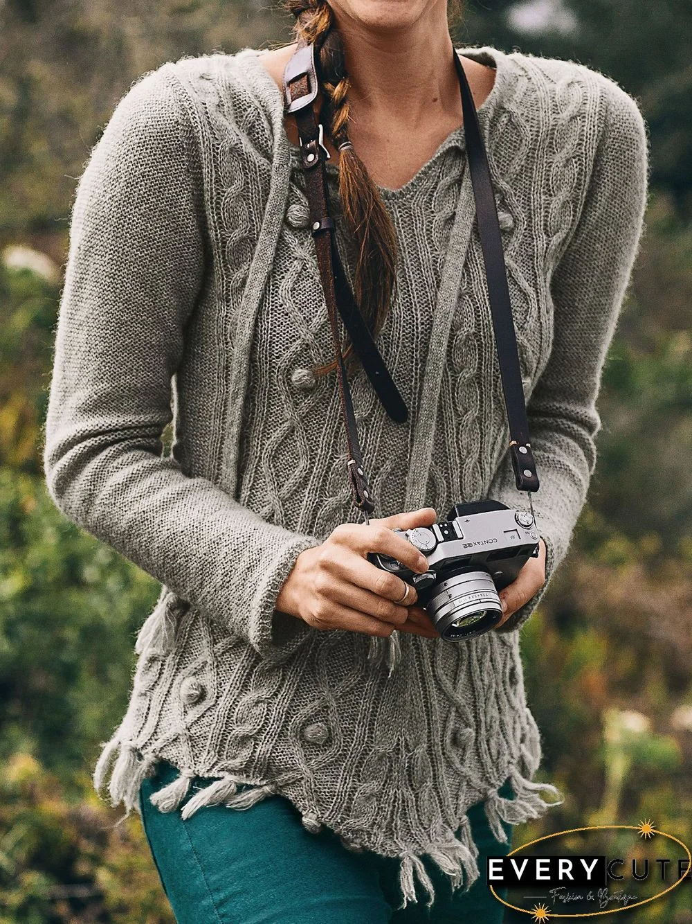 Vintage Knitted Tassel V Neck Solid Sweater